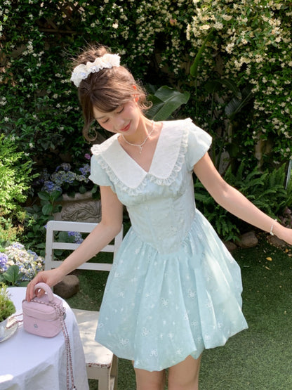 Blue Peter Pan Collar Basque Waist Allover Butterfly Embroidery Dress Bubble Skirt