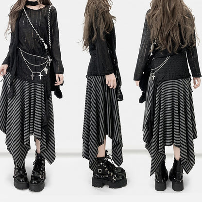 Black Cutout Detail Asymmetrical Hem Long Sleeves Top + Scarf