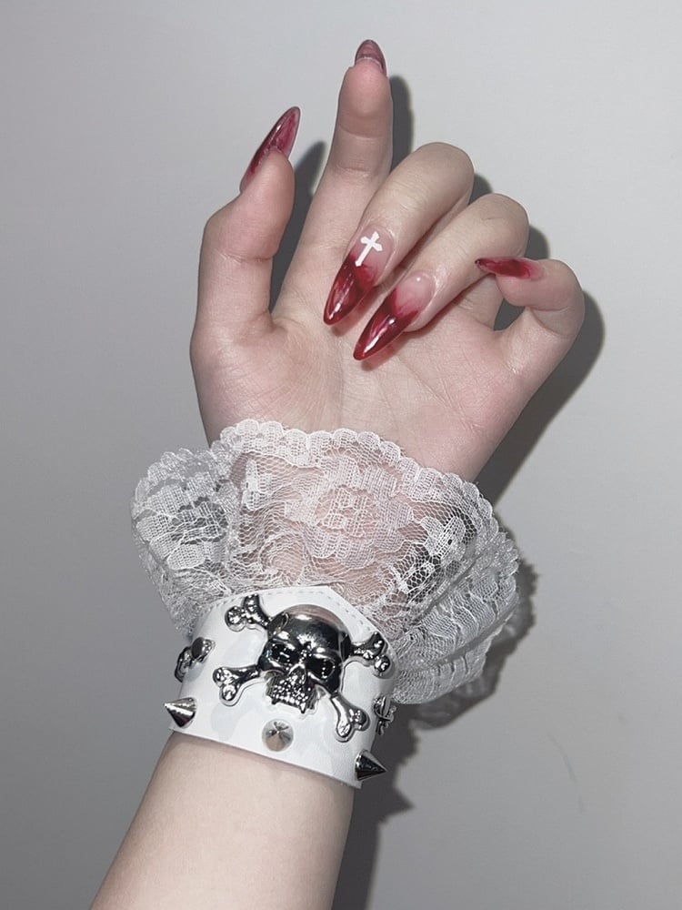 Black and White/Black/White Skeleton and Stud Lace Trim PU Bracelet