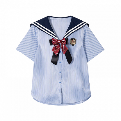 JK Uniform Sailor Collar Blue Striped Short Sleeves Shirt with Free Bowtie