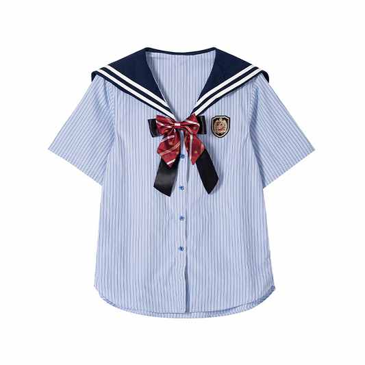 JK Uniform Sailor Collar Blue Striped Short Sleeves Shirt with Free Bowtie