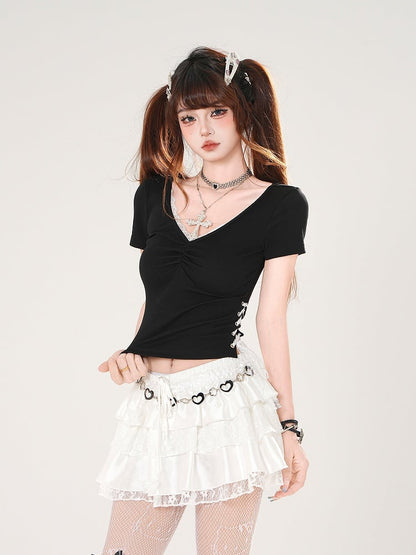 White/Black V-neck Lace Trim Lace-up Side Slim-fitting T-shirt