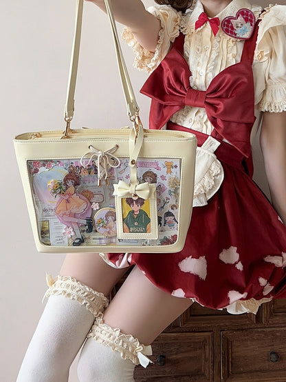 Light Yellow Bow Accents Lace-up Detail Ita Shoulder Bag with Free Charm