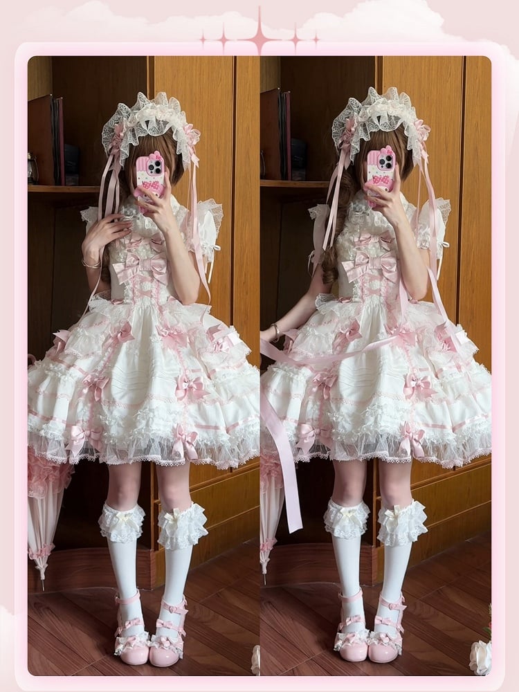 White and Pink Sweet Bow Accents Princess Lolita Jumper Skirt