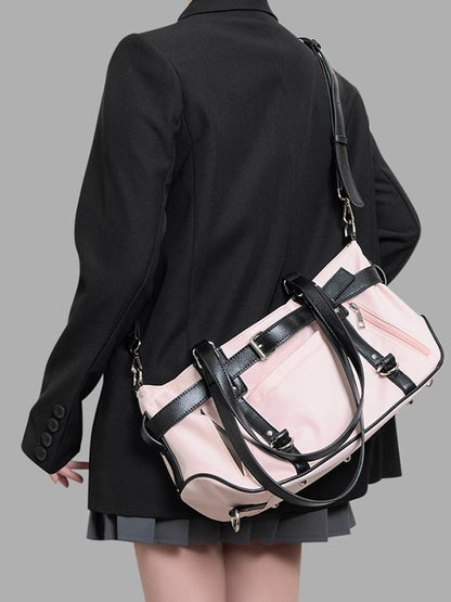Pink Medium-Sized Nylon Tote Bag With Sweet And Edgy Belt Accents