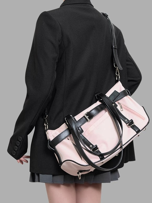 Pink Medium-Sized Nylon Tote Bag With Sweet And Edgy Belt Accents
