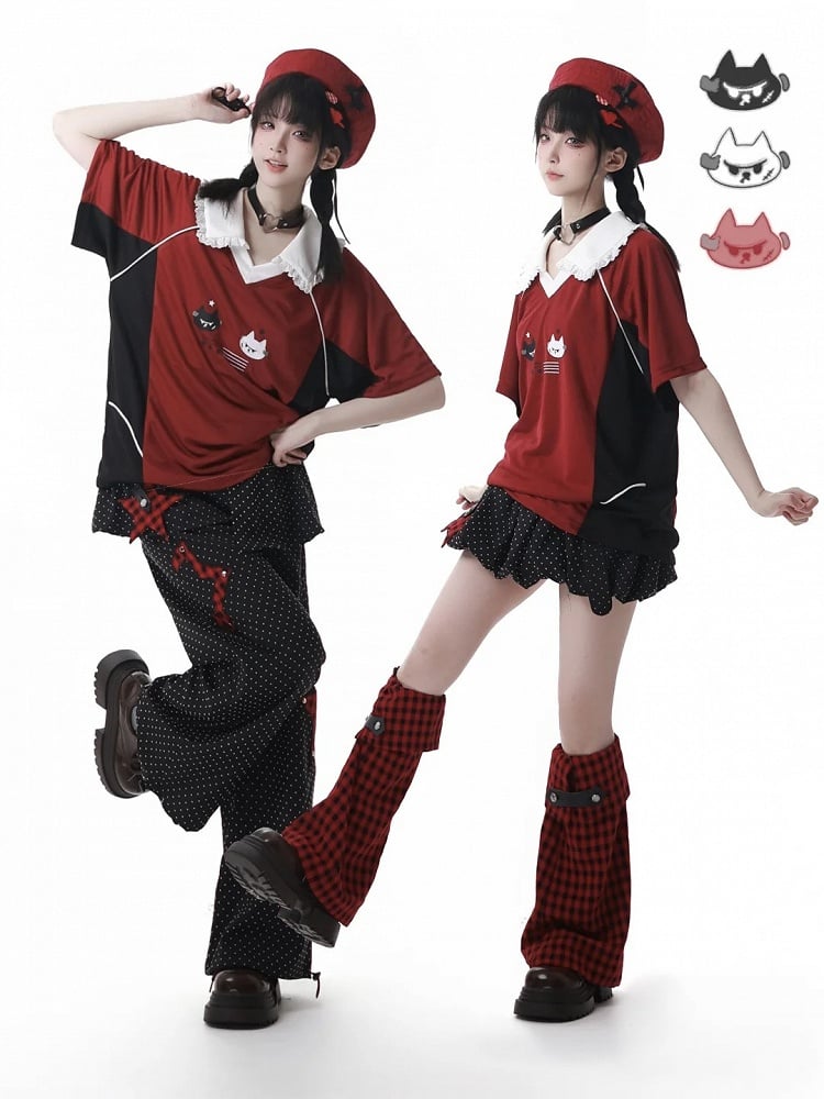 Red Plaid Star Applique Drawstring Cuffs Black Polka Dot Casual Pants