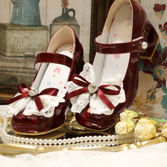 Heart-shaped Hollowed Heel Wine Red Elegant Mary Janes with Lace Bowknot Clips