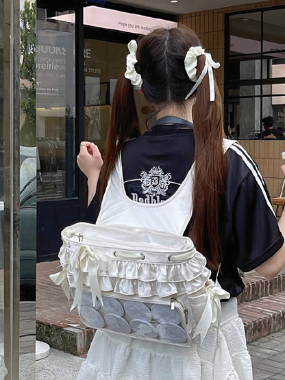 Beige Ruffle Trim Bow Accents Balletcore Ita Backpack