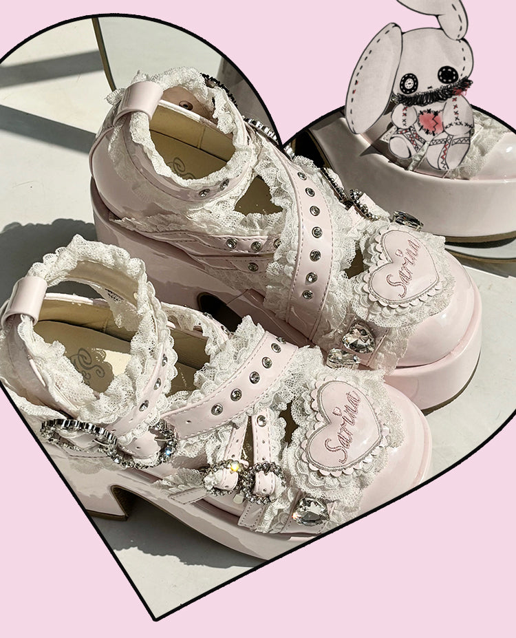 Jirai Kei Pink Platform Heels: Criss-Cross Buckle Straps with Lace & Rhinestone Decor - Chunky High Block Heel
