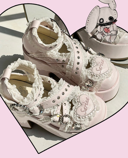 Jirai Kei Pink Platform Heels: Criss-Cross Buckle Straps with Lace & Rhinestone Decor - Chunky High Block Heel