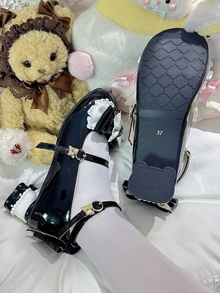 Black Sweet Lolita Mary Janes with Mid-heel - -Bear Heel, Bow Accents & Teddy Fastener