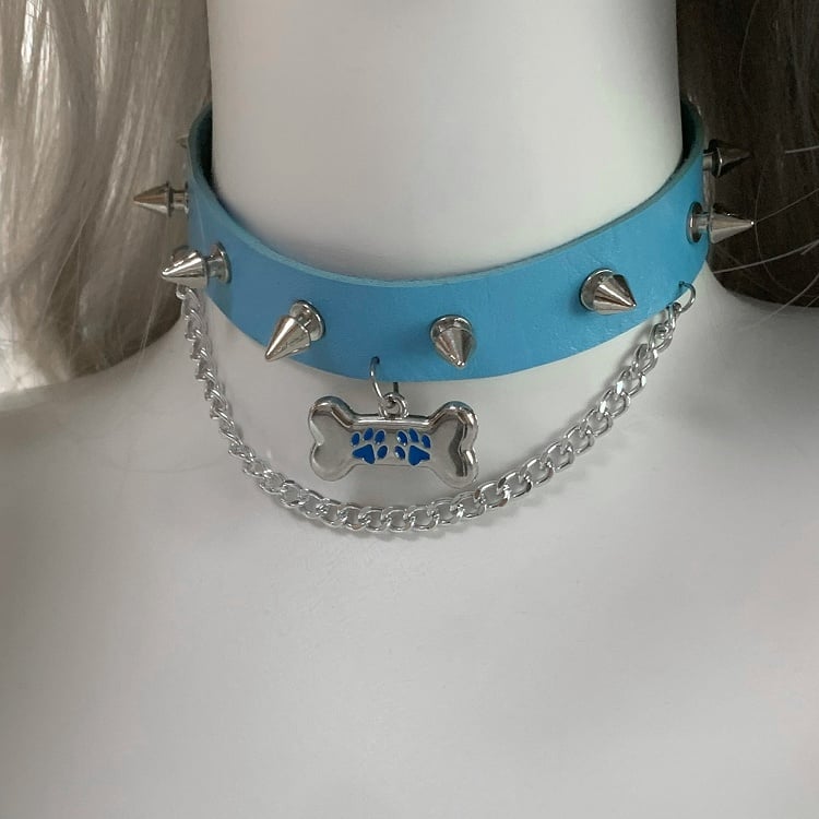 Black/White/Pink/Blue Bone Pendant Studded PU Choker with Chain