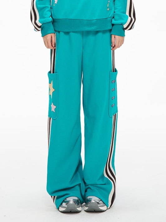 Blue Cargo Pockets Sporty Sweatpants with Side Striped Details