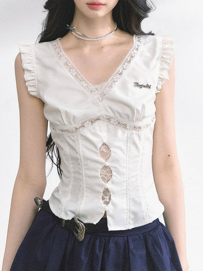 White V-neck Cutout Details Lace Patches Flutter Sleeves Top