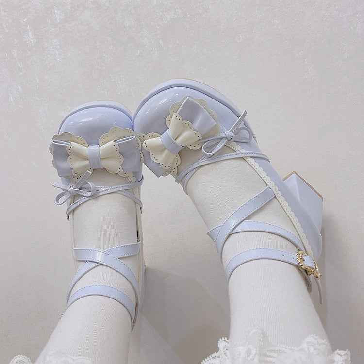 Bow Accents Crisscross Ankle Strap Light Blue Round Toe Sweet Mary Janes