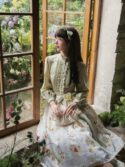 White Elegant Classic Lolita Skirt with Hawthorn and Bird Print and Green Belt