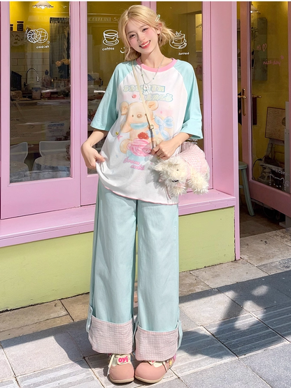 Cute Bear Print Mint Blue Colorblock Design Loose T-shirt