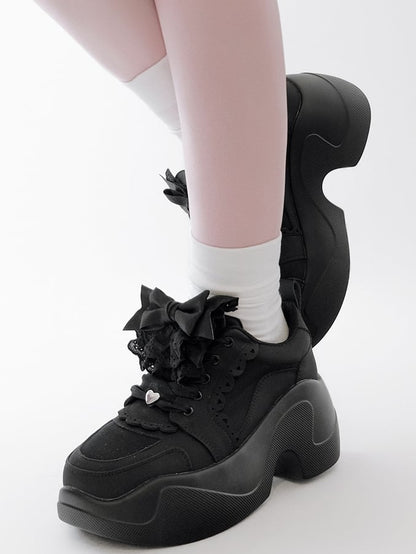Black Jirai Kei Detachable Bowknot Lace Trim Front Lace-up Ties Sneakers