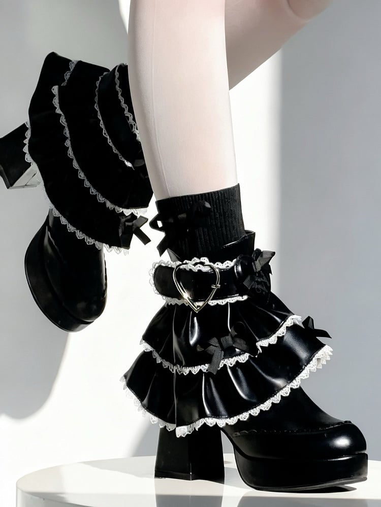 Bow Accents, Stretchy Sock Top Design & Detachable Tiered Ruffles PU Black High Block Heel Boots in Sweet Lolita