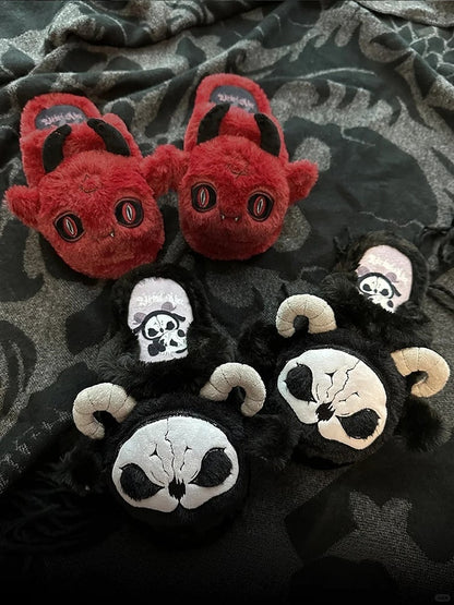 Black and White Grim Reaper Gothic Winter Plush Slippers