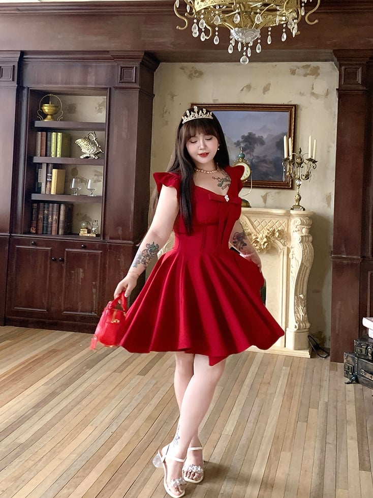 Plus Size V-neck Flutter Sleeves Big Bow Front Red Dress