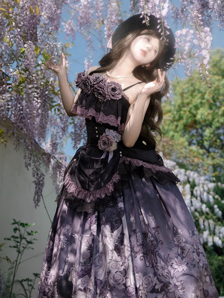 Black & Purple Ruffled Elegant Classic Lolita Top + Floral Print Skirt with Lace Trim Set