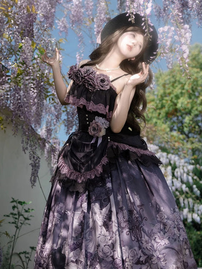 Black & Purple Ruffled Elegant Classic Lolita Top + Floral Print Skirt with Lace Trim Set