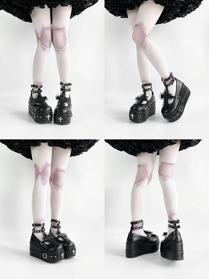 Clearance-Size 38 Matte Black Gothic Lolita Lace Trim Cross Platform Shoes