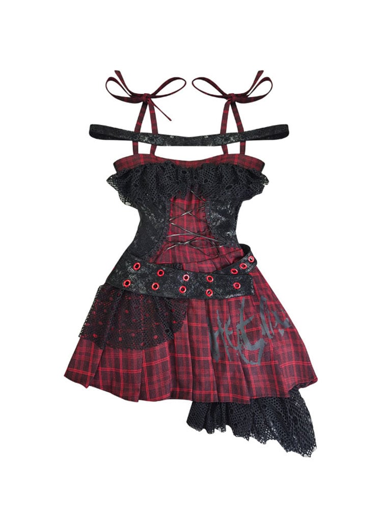Lace-up Detail Red and Black Plaid Punk Rock Dress
