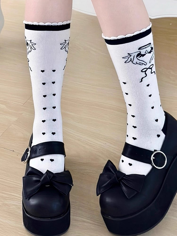 Black Angel Wings Print Lolita Calf Socks