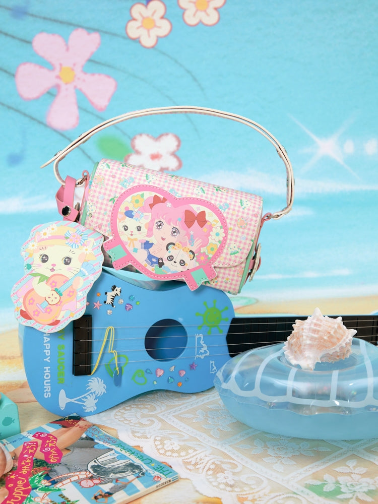 Pink Floral Plaid Pattern Shoulder Bag with Kitty Charm