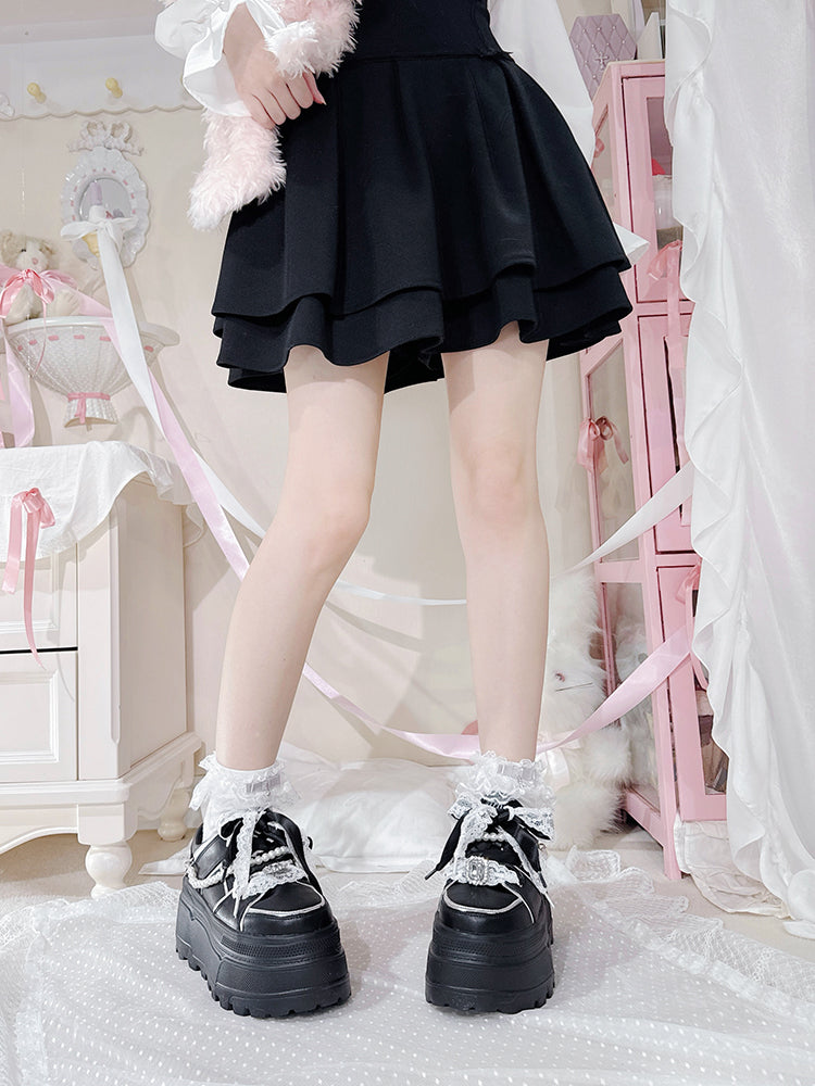 Jirai Kei Black Rhinestone Platform Shoes with Detachable Beaded Chain