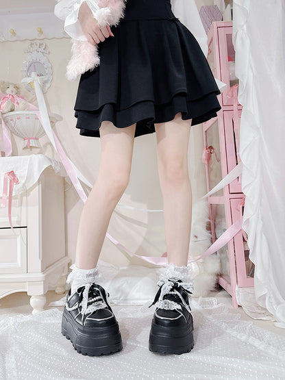 Jirai Kei Black Rhinestone Platform Shoes with Detachable Beaded Chain