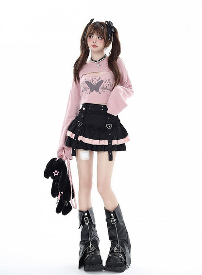 Black and Pink Tiered Ruffles Mini Skirt