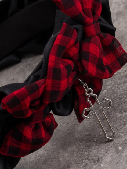 Black Ruffle Trim With Three Plaid Pattern Bowknots Cross Charm Design KC
