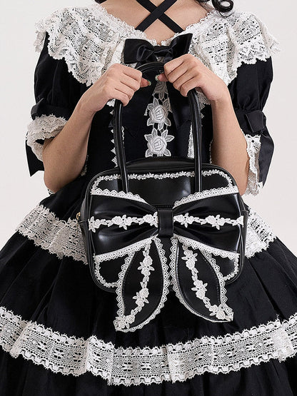 Black Sweet Square Old School Lolita PU Bag with White Lace Trim and Big Front Bow