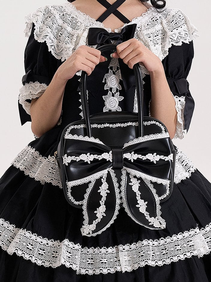 Black Lace Trim Bowknot Design Hand Bag