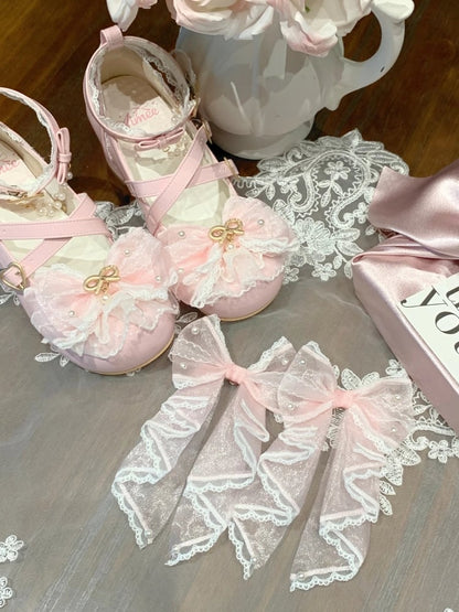Light Pink Beaded Decorated Bow at Top Crisscross Design Lace Trim Sweet Lolita Shoes