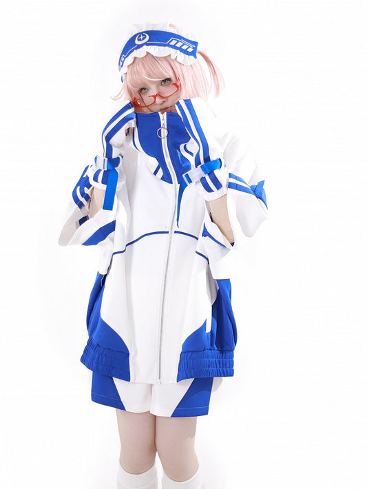 Clearance-Size L for Waist 68CM Blue and White Colorblock Design Jirai Kei Sports Shorts