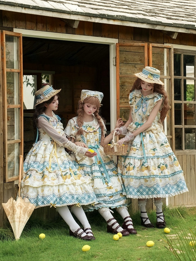 Blue & Yellow Country Lolita Bunny Ear Hooded Top + Print Ruffled Skirt + Embroidered Triangular Headscarf Set