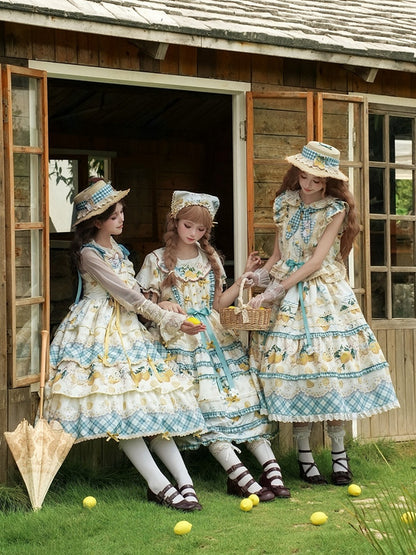 Blue & Yellow Country Lolita Bunny Ear Hooded Top + Print Ruffled Skirt + Embroidered Triangular Headscarf Set