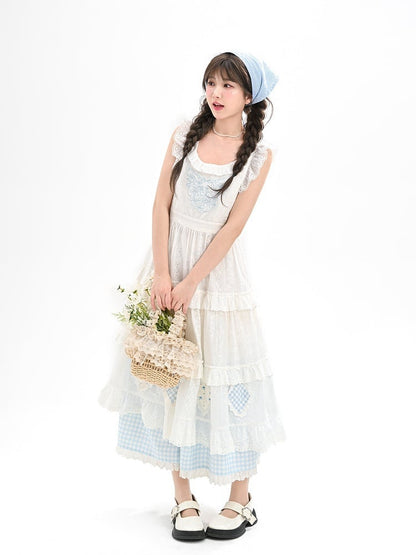Blue Embroidery Plaid Patch White Flutter Sleeves Lace Trim Tiered Skirt Cutton Overdress