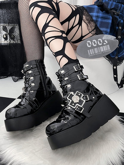 Metal Skull Polished Black Punk Wedge Platform Boots Spike Stud Detailing