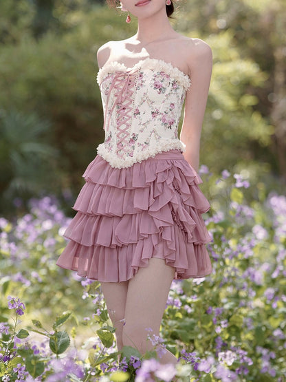 Lace-up Front and Back Floral Print Balletcore Boned Croset Top