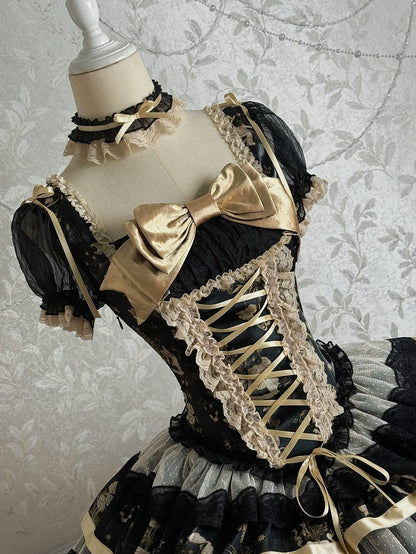 Bunny and Kitty Print Black and Gold Short Puff Sleeves Lolita Corset Dress