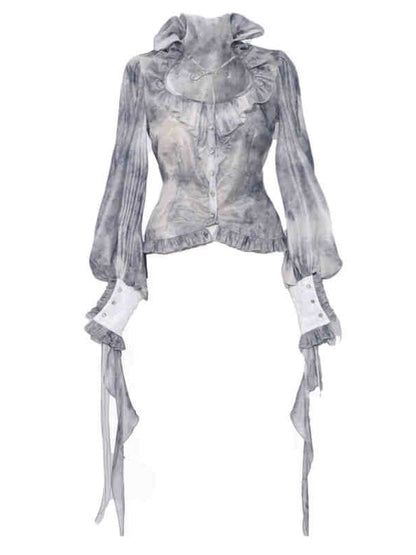 Corpse Bride Ruffle High Neck Dusty Blue Tie Dye Fabric Victorian Goth Long Bishop Sleeves Chiffon Shirt