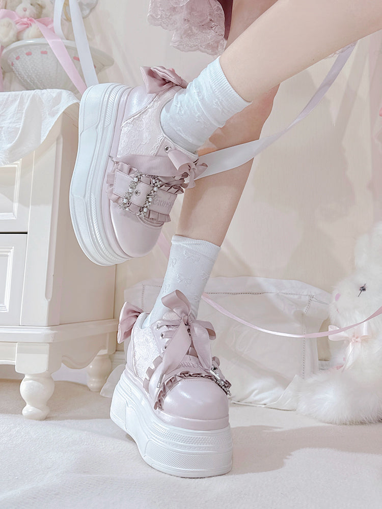Pink Bow Accents Beaded Buckle Design Jirai Kei Platforms Shoes