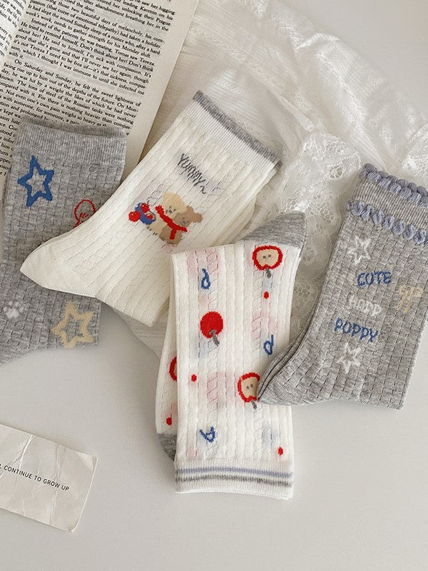 4 Options White/Grey Puppy/Star/Apple Print Calf Socks