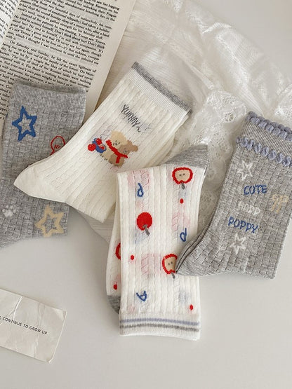 4 Options White/Grey Puppy/Star/Apple Print Calf Socks